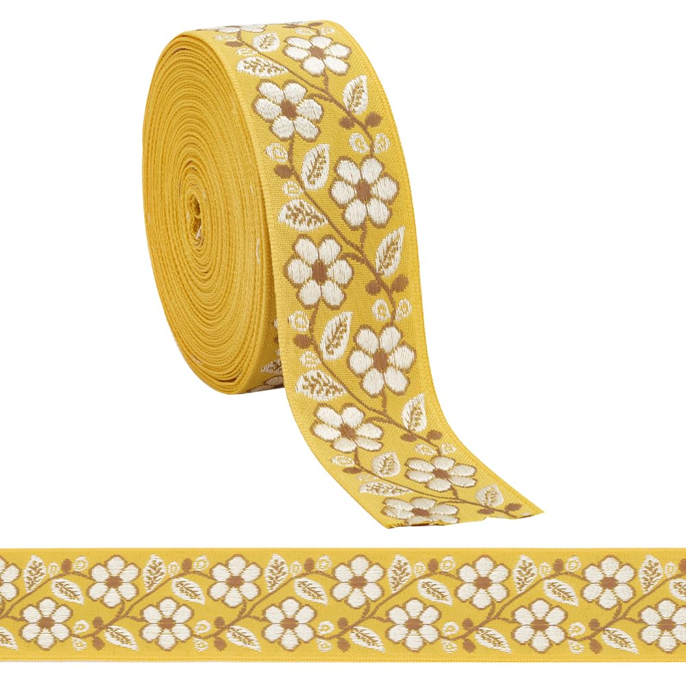 FINGERINSPIRE 10Yards/9.14M Yellow Vintage Jacquard Ribbon 36mm Wide Ethnic Style Embroidery Polyester Ribbons Floral Pattern Embroidery Fabric Trim Retro Tyrolean Ribbon for Clothing Crafts Decor