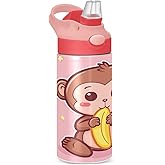 JUZIHAI Cute Cartoon Monkey Kids Water Bottle For Boys & Girls Insulated Stainless Steel Reusable Metal Thermos Bottles Leak-Proof Straw Lid BPA-Free