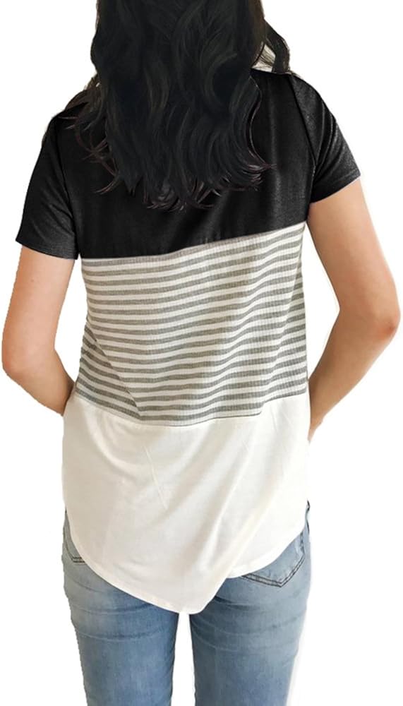YunJey Round Neck Triple Color Block Stripe T-Shirt at  Women’s Clothing store