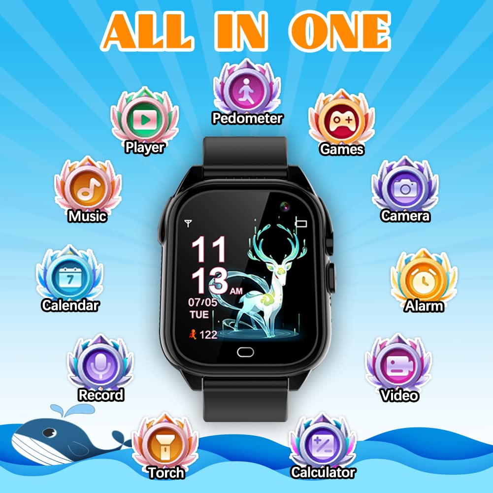 OVV Smart Watch for Kids Waterproof Boys Girls Learning Toys Watches with 26 Puzzle Games Camera Video Music Player Pedometer HD Touchscreen Alarm Clock Flashlight Children Age 3-12 (1. Black)