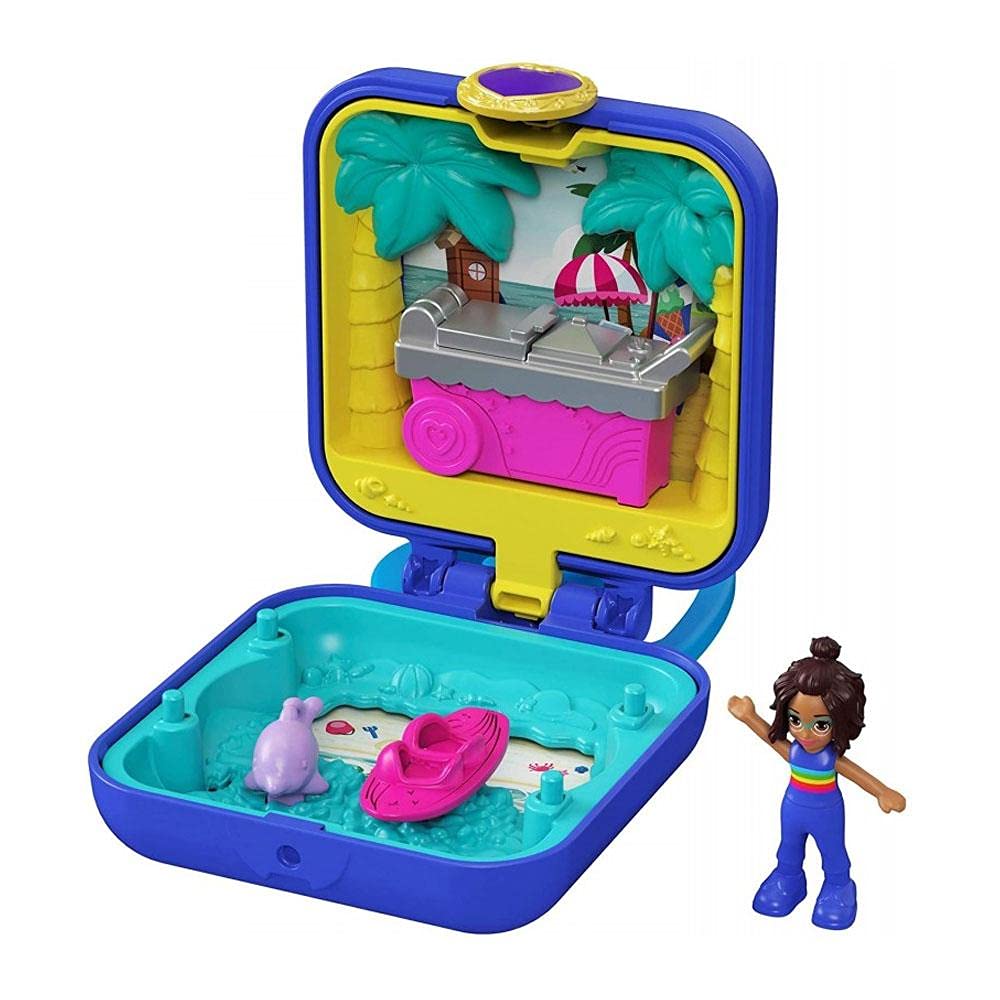 Polly Pocket™ Shani™ Tropical Beach Compact with Mobile Ice Cream Cart, Surfboard, Dolphin Figure, Photo Customization, Micro Shani™ Doll & Sticker Sheet; For Ages 4 Years Old & Up, GKJ44