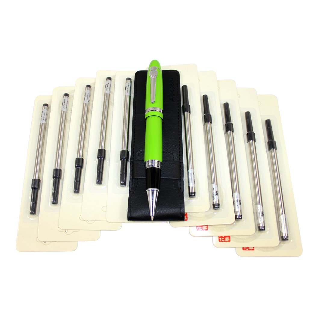 Abcsea 1PCS Heavy Big Rollerball Pen 159 and 10PCS Black Ink Rollerball Pen Refill, Spiral Ballpoint Pen Refills with Cover, Medium Point - Green Pen and Black Spiral Refills (0.5MM)