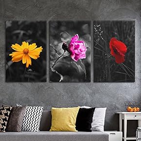 3 Panel Canvas Wall Art - Touch of Color Flowers on Black and White Background - Giclee Print Gallery Wrap Modern Home Art Ready to Hang - 16"x24" x 3 Panels