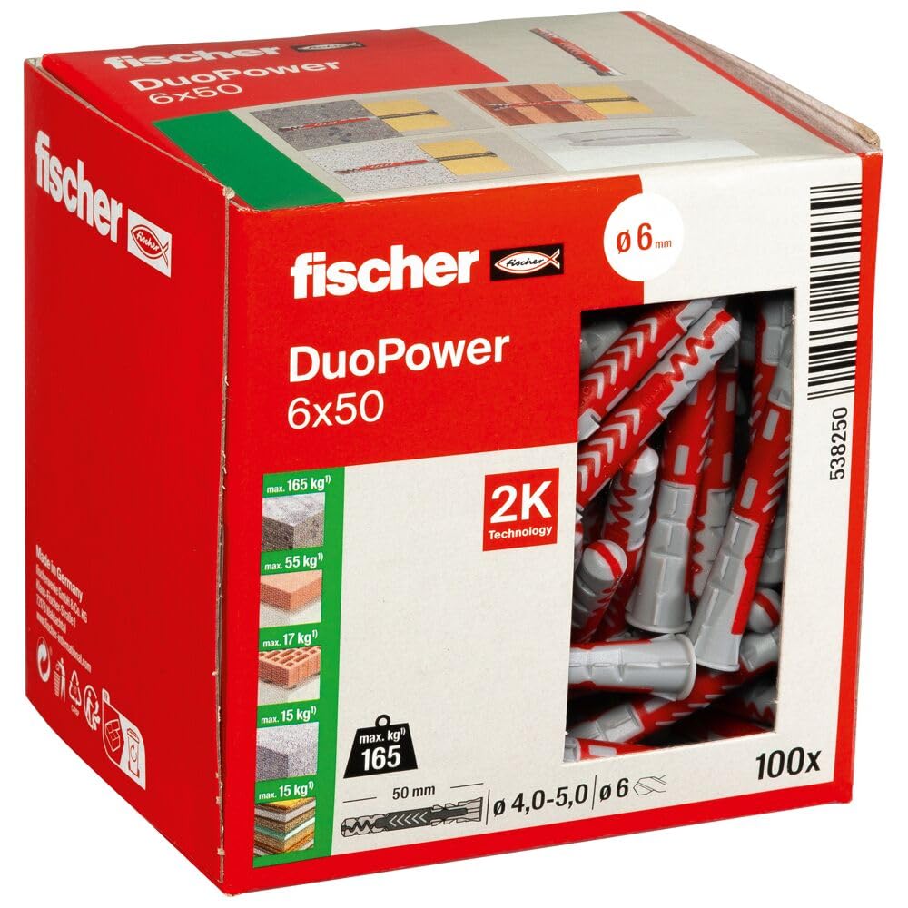 Fischer DuoPower 6 x 50, Powerful Universal Plug with Intelligent 2-Component Technology for fastenings in Concrete, Bricks, Gypsum plasterboard, chipboard, etc, 100 Plugs Without Screws