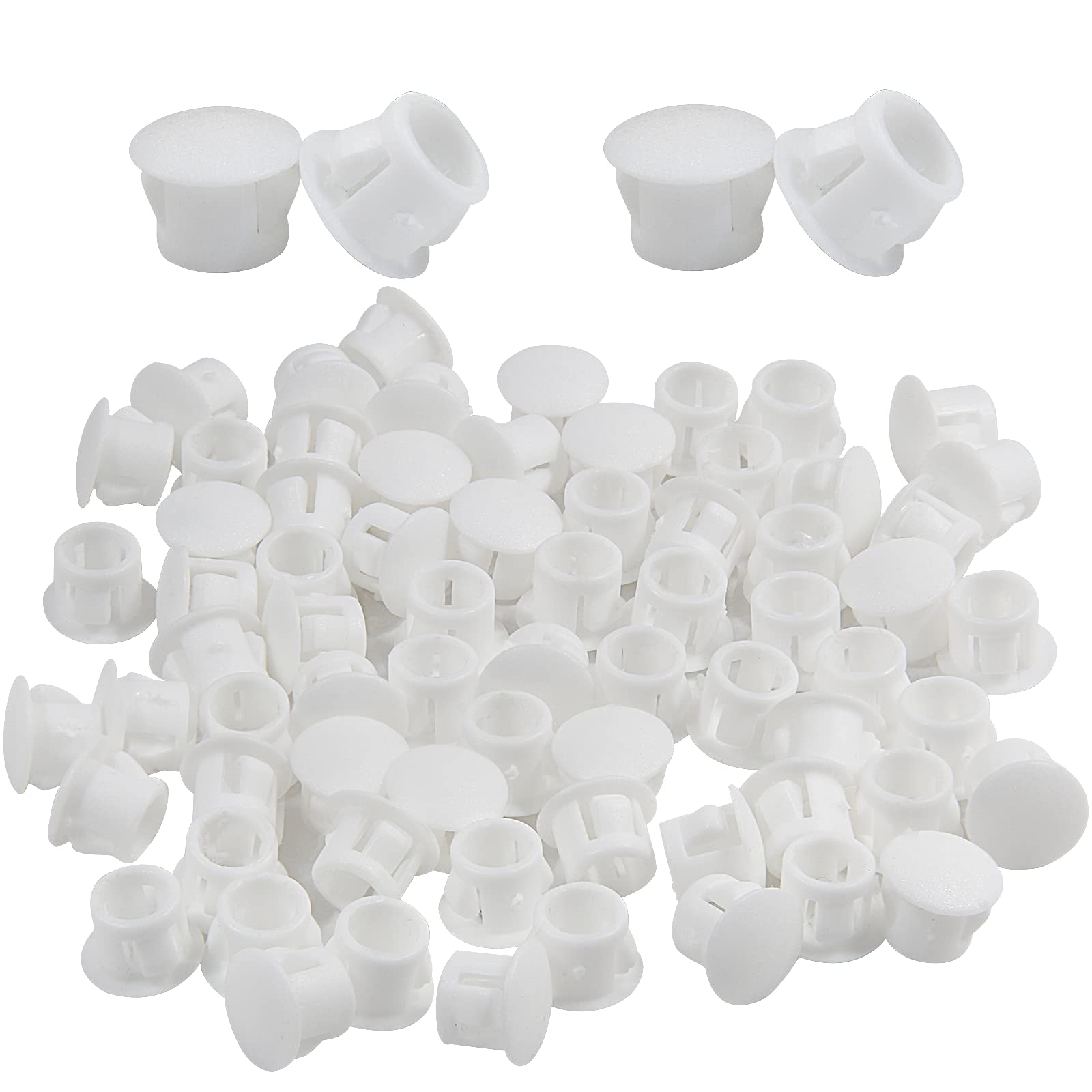 Cjueiom 60pcs 6mm / 1/4" Hole Plugs White Plastic Hole Covers, Flush Type Drill Hole Cover Caps Snap in Locking Blanking Cap, Post Pipe Insert Screw Hole Cover for Kitchen Cupboard Cabinet Shelf