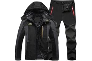 WQHNME Mens Ski Suit Waterproof Windproof Hooded Jackets Pants Set Insulated Snowboarding Snowsuit Warm Winter Coat for Skiing