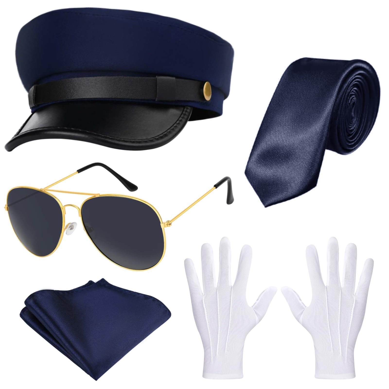 Kavoc 5 Pcs Chauffeur Costume Include Limo Driver Hat Gloves Handkerchif Glasses for Men Women Party Cosplay Dress Up (Style3)