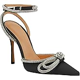 JANSEVEN Rhinestone Bow Heels Black Satin Bowknot Heeled Sandals For Women Ankle Strap Pumps Knotted Sparkling High Heels Closed Pointed Toe 3 In Wedding Bridal Shoes