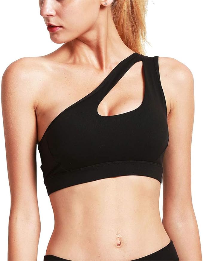 SANDYFU Women's One Shoulder Fitness Medium Support Sport Bra Workout