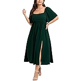 SHESTARR Womens Plus Size Maxi Dress Pleated Square Neck Short Sleeve Smocked High Waist Flowy A-Line Slit Elegant Dresses