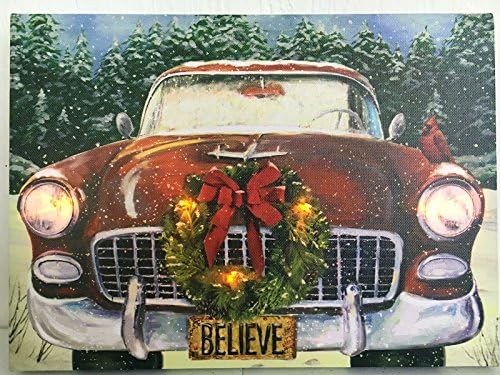 OSW Antique Car with Wreath and Believe License LED Art Canvas Light up Picture Winter Holiday Scene