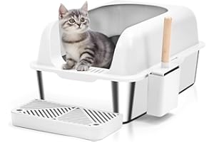 PAXYEET Enclosed Stainless Steel Cat Litter Box with Lid Extra Large Litter Box for Big Cats XL Metal Litter Pan Tray with High Wall Sides Enclosure, Non-Sticky, Anti-Leakage, Easy Cleaning (White)