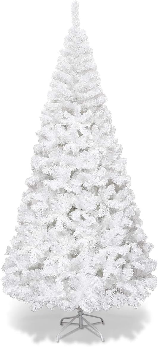 Trees - Goplus 7ft White Christmas Tree, Unlit Artificial Christmas Pine Tree with 950 PVC Branch Tips, Foldable Metal Stand, Indoor Xmas Full Tree for Office Home Store Party Holiday Decor