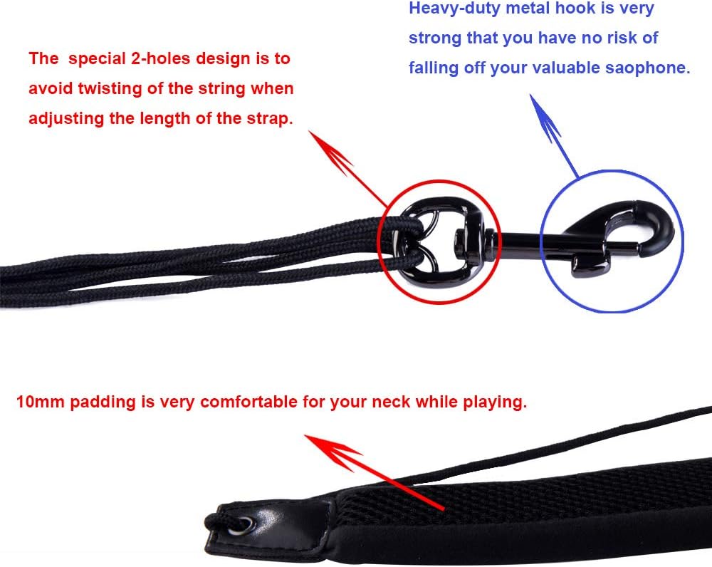 Rayzm Saxophone Strap with Metal Hook for Adults and Children Soft Padded Adjustable Sax Neck Strap for Alto/Tenor/Soprano/Baritone Saxophones - Image 4