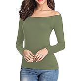 Fuinloth Women's Off Shoulder Tops, One Shoulder Shirts, Long Sleeves Sexy Slim Fit Tees
