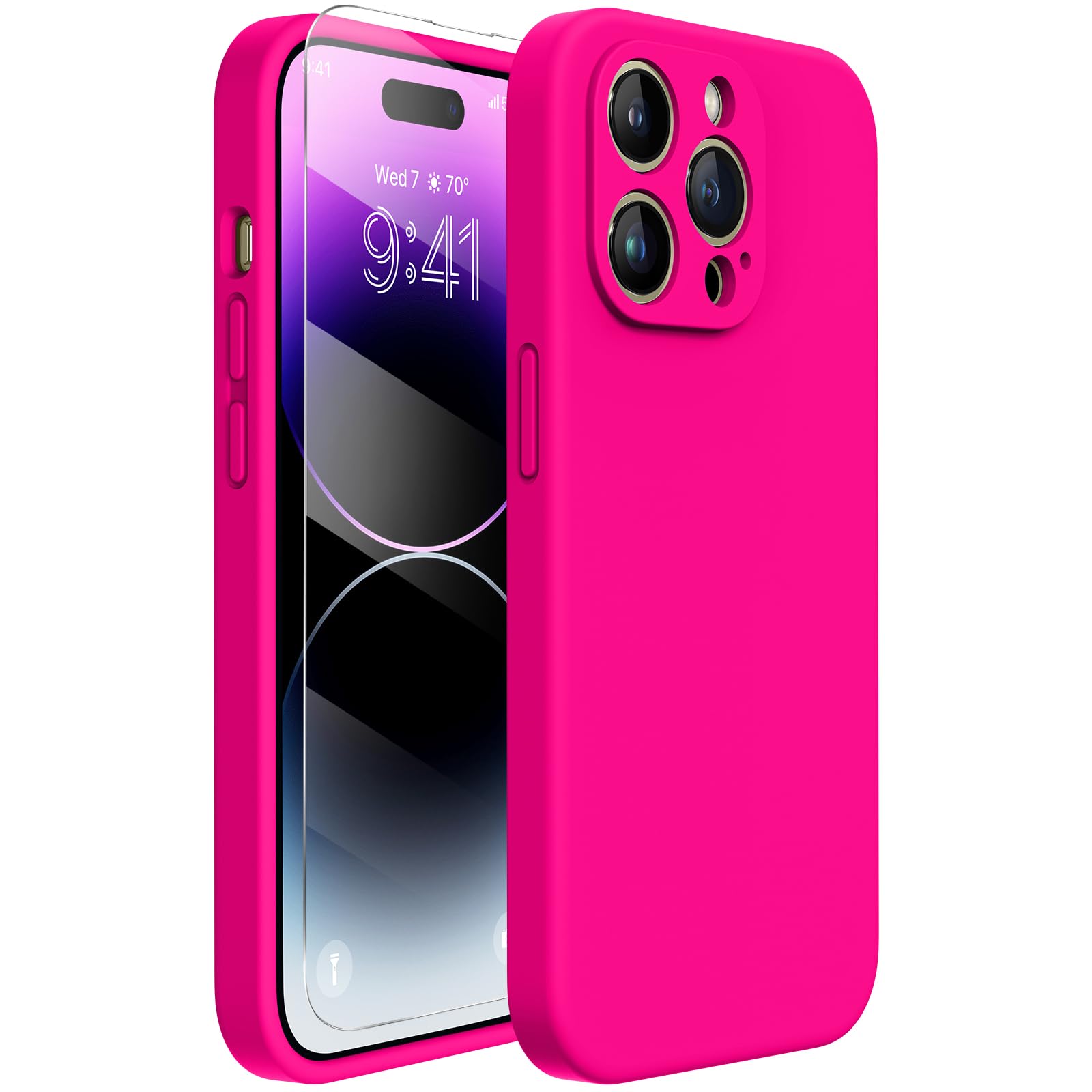 Photo 1 of Miracase Designed for iPhone 14 Pro Case with Screen Protector, [Upgraded Camera Protection], Shockproof Liquid Silicone Rubber Phone Case Cover for 14 Pro 6.1 inch, Hot Pink