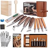 EasyTime Wood Carving Tools Kit: Deluxe Wood Whittling Set with Leather Case - Woodworking Knives with Basswood Blocks & Inst