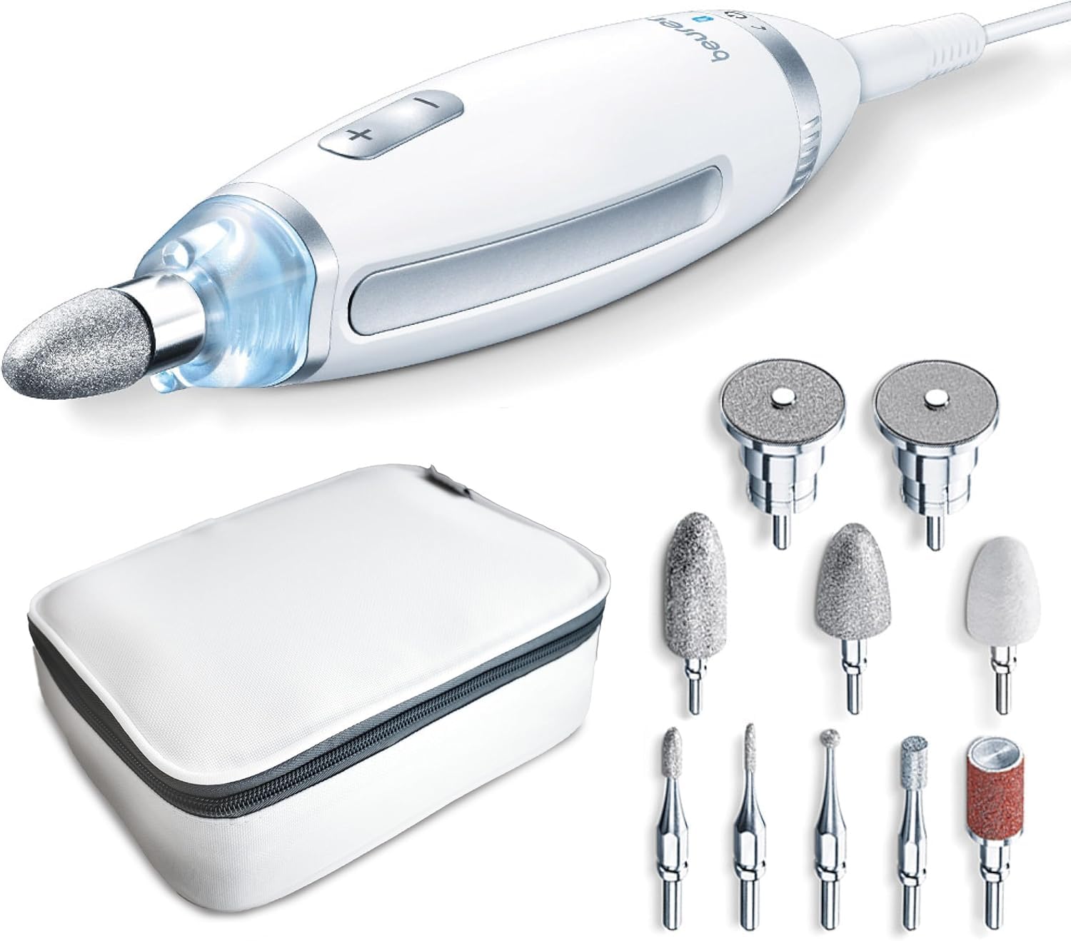 Beurer MP 62 Fresa Professionale per Manicure e Pedicure, 5400 giri/min, 10 Accessori in Feltro e Zaffiro, Luce LED Integrata, Velocità Regolabile, Custodia Inclusa, Bianco