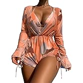 ODASDO Women's Sexy 3 Piece Swimsuits Halter Triangle Bikini Sets with Long Sleeve Mesh Cover Ups Romper Bathing Suits