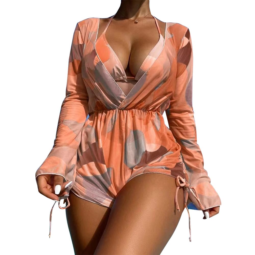Three Piece Set Long Sleeve Mesh Long Belt Beach Anti Ddos Bikini Swimsuit for Women