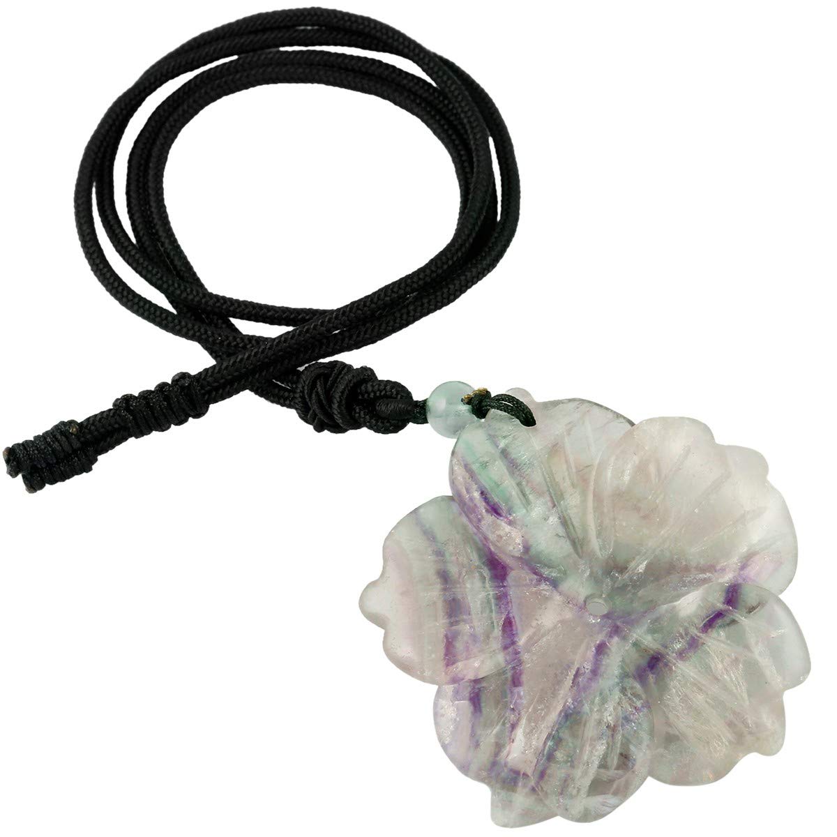 KYEYGWO Handmade Carved Flower Natural Energy Fluorite Crystal Stone Pendant Necklace for Women with Adjustable Cord 26.7"