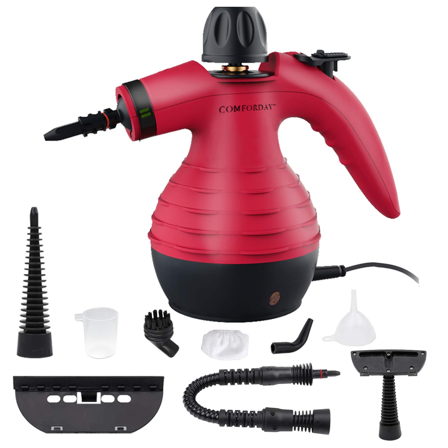 Comforday Multi-Purpose Handheld Steam Cleaner 9-Piece Accessories for Multi-Surface Stain Removal,Perfect for Stain Removal, Curtains, Car Seats, Floor, Bathroom(Red)