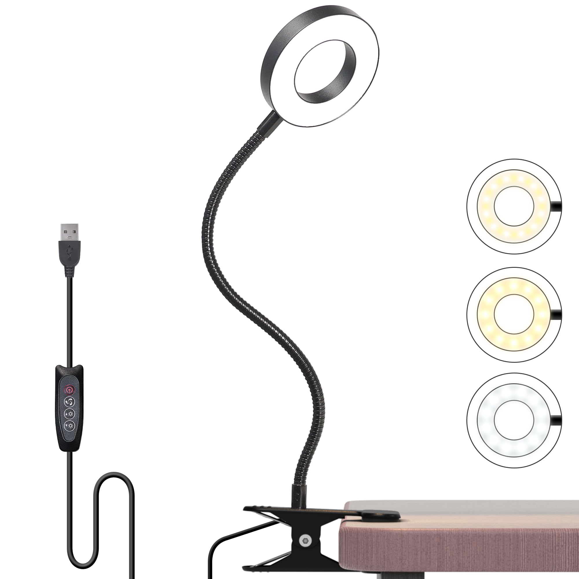Foneso LED Desk Lamp, Clip On Reading Light 3 Color Modes 10 Brightness Eye Caring Clip on Clamp Light, Flexible Gooseneck Book Light for Reading/Studying/Working/Conferencing, Clip on Table