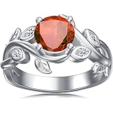 Shusukue Garnet Leaf Ring Sterling Silver January Birthstone Ring 6MM Round Crystal Engagement Ring Birthstone Jewelry for Women Size 6