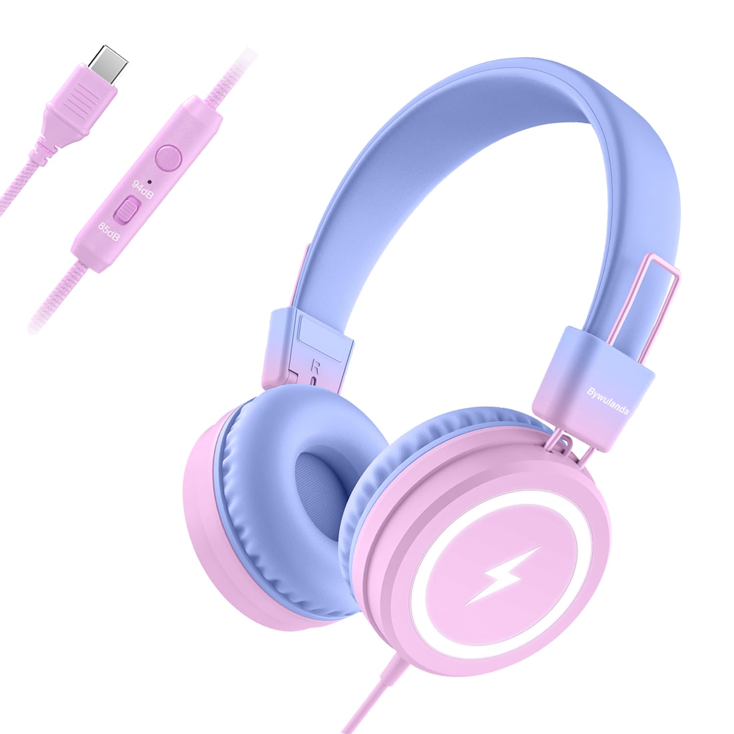 Bywulanda Kids Headphones with LED Lights, USB Type C Headphones for School