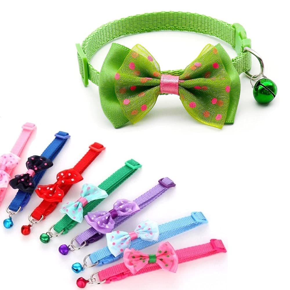 Small Dog Puppy Pet Collar Bow Tie Decoration with Bell Nylon Adjustable Size 19-32cm Bright Green