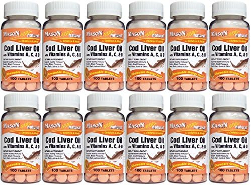 Mason Vitamins Cod Liver Oil with Vitamin A, C & D Orange Flavor Chewable Tablets, 100 Count Bottle