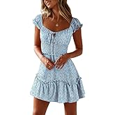 YOBECHO Womens Summer Ruffle Sleeve Sweetheart Neckline Printing Dress Mini Dresses