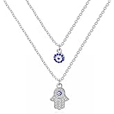 MoNiDan Double Layered Evil Eye & Hamsa Hand Pendant Necklace for Women Jewellery
