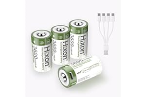 Hixon 1.5V USB Rechargeable Lithium Batteries C Size, 3600mWh Rechargeable C Battery, Charges 2 Hours, Over 1500 Cycles, 4-in-1 USB-A to USB-C Charging Cable, LED Charge Indicator, 4-Pack