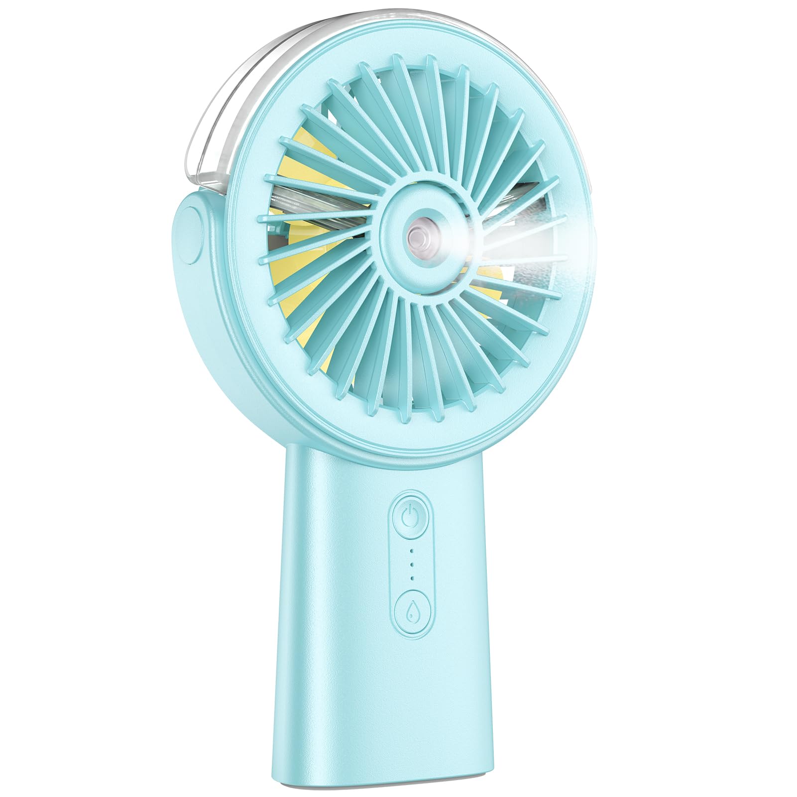 Otlonpe Rechargeable Handheld Portable Misting Fan, 4-15 Hrs Runtime, Small Personal Mist Portable Fan 4000mAh Battery Operated, Water Spray, 90° Rotatable, Power Bank, Hand Held Desk 2 IN 1 (Cyan)