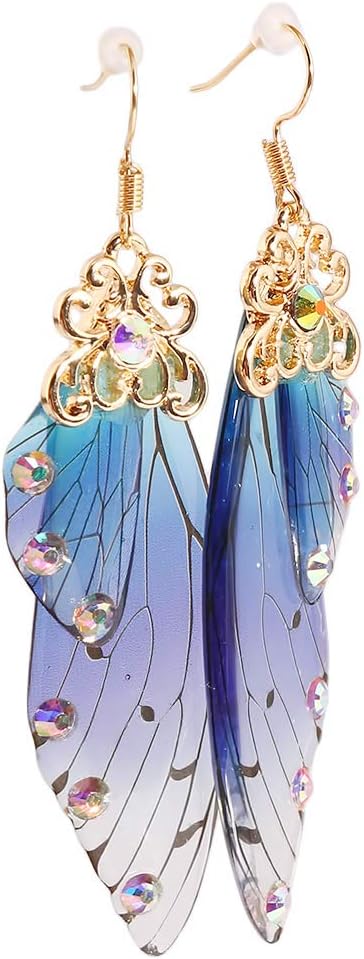 CAVIVI Women Butterfly Earrings Vintage Handmade Wing Drop Earing Thread Dangle Earring Elegant Fairy Rhinestone Jewelry Gift,blue