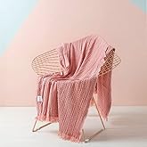 Simple&Opulence 100% Cotton Throw Blanket for Couch, Bed, Waffle Weave Cable Knit Blanket with Tassels, Soft Lightweight Pre-Washed Breathable Cozy Blanket Farmhouse Decoration for All-Season (Pink)