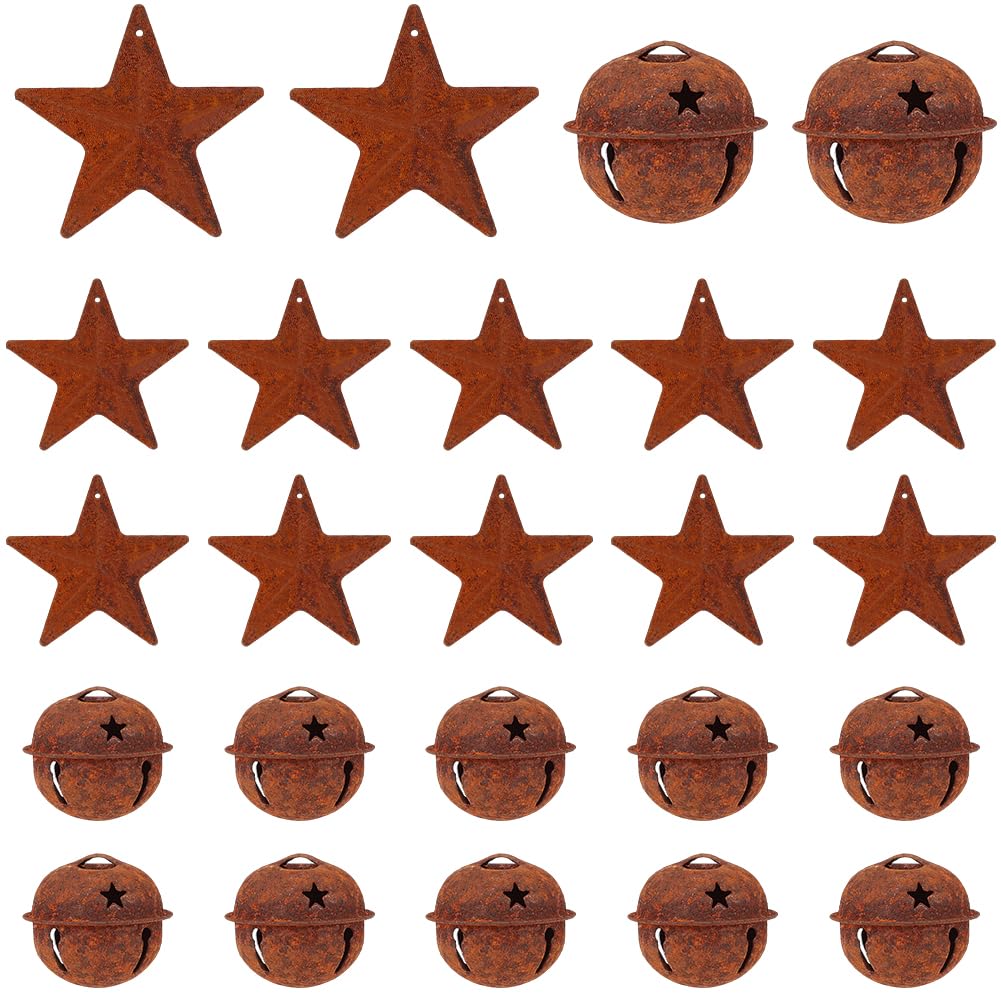 CREATCABIN 20 Pcs Rusty Metal Jingle Bells Vintage Rusty Bells 20 Pcs Rustic Metal Star Retro Tree Supplies Kit Crafts for Christmas Tree Wreath Holiday Home House Room Decoration 1.85x1.85 Inch