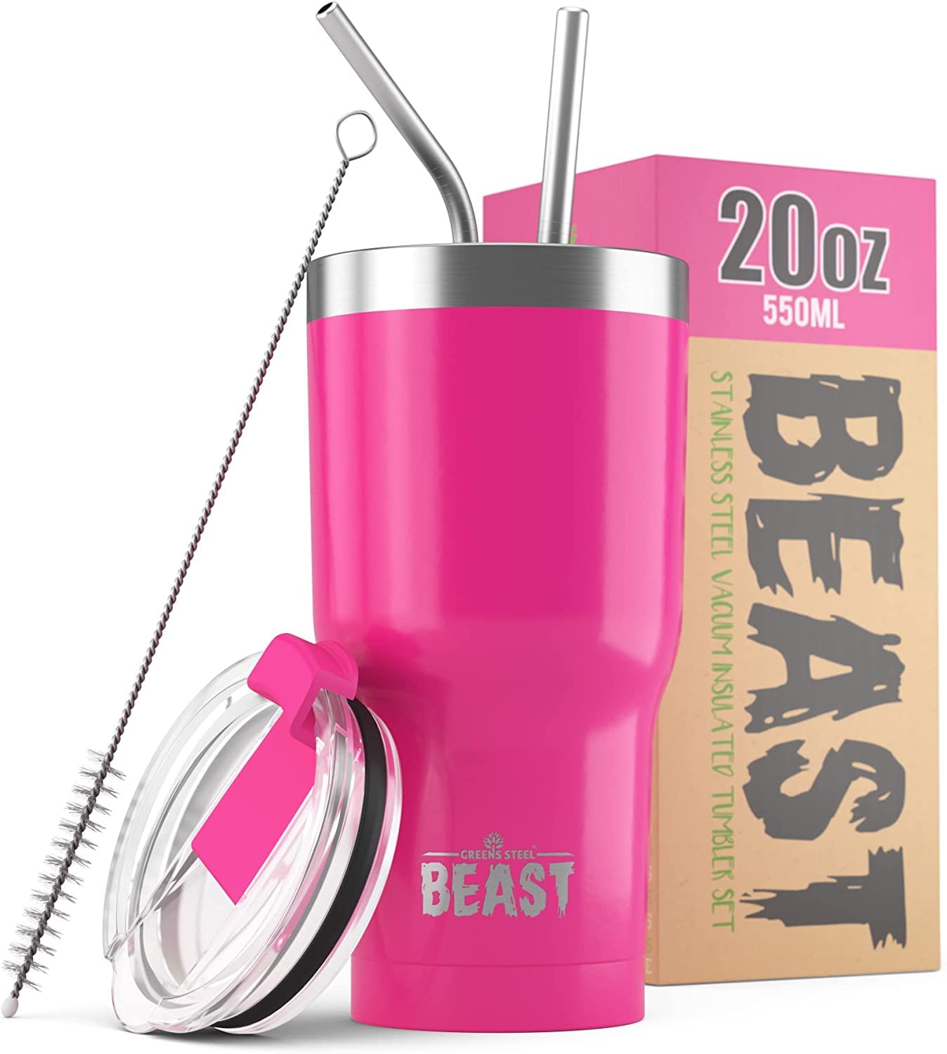 Beast Tumbler - 550 ml (20 oz), Cup Cake Pink | Reusable Stainless Steel, Vacuum Insulated Cup | with + 2 Straws & Cleaning Brush | Double Wall Travel Flask Perfect for Hot or Iced Coffee | BPA Free — image 1