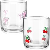 Skylety Set of 2 Pink Cherry Bow Icon Juice Glass 14oz Coquette Bow Glass Cup Pink Cherry Coffee Mug Gifts for Women Girls Mothers Day Birthday Bridal Shower Gifts