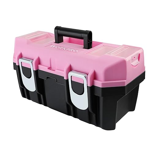WORKPRO 16-inch Tool Box, Pink Plastic Toolbox with Metal Latch