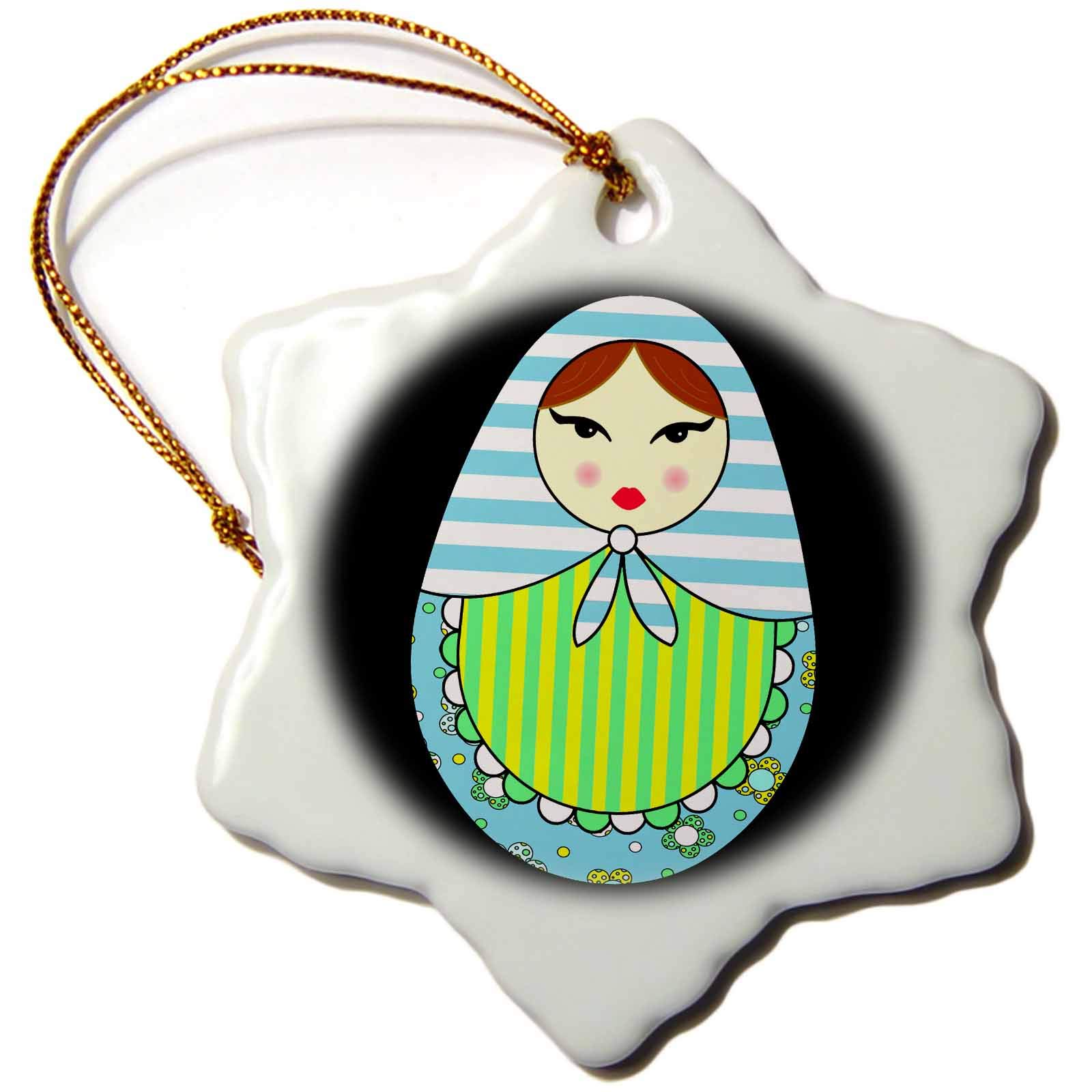 3 inch Snowflake Porcelain Ornament - Cute Russian Matryoshka Nesting Doll Brown Hair - Cool Colors Black Designs Dolls
