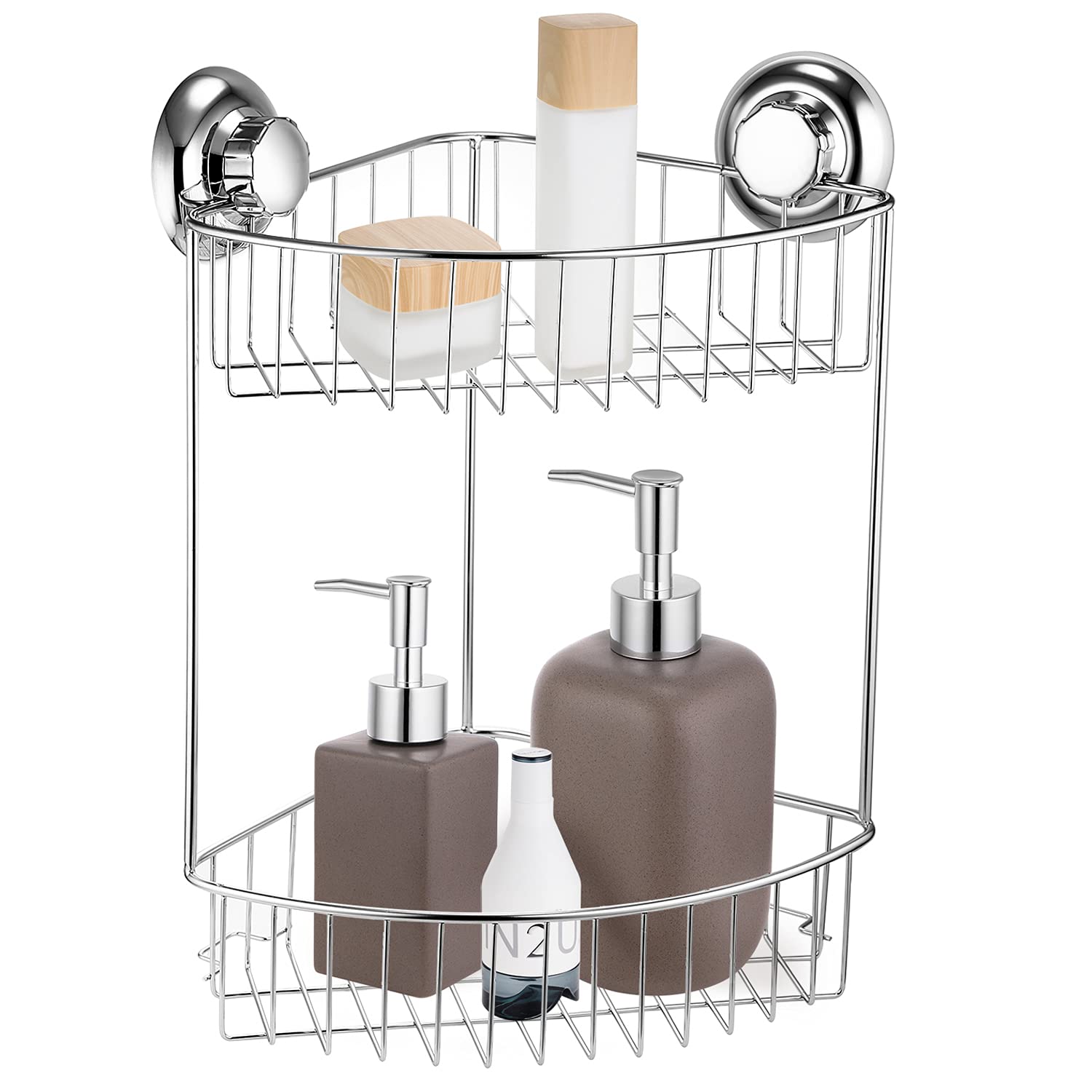 MaxHold No-Drilling Suction Cup Two Tier Corner Shower Basket - Vaccum System - Stainless Steel Never Rust - for Bathroom & Kitchen
