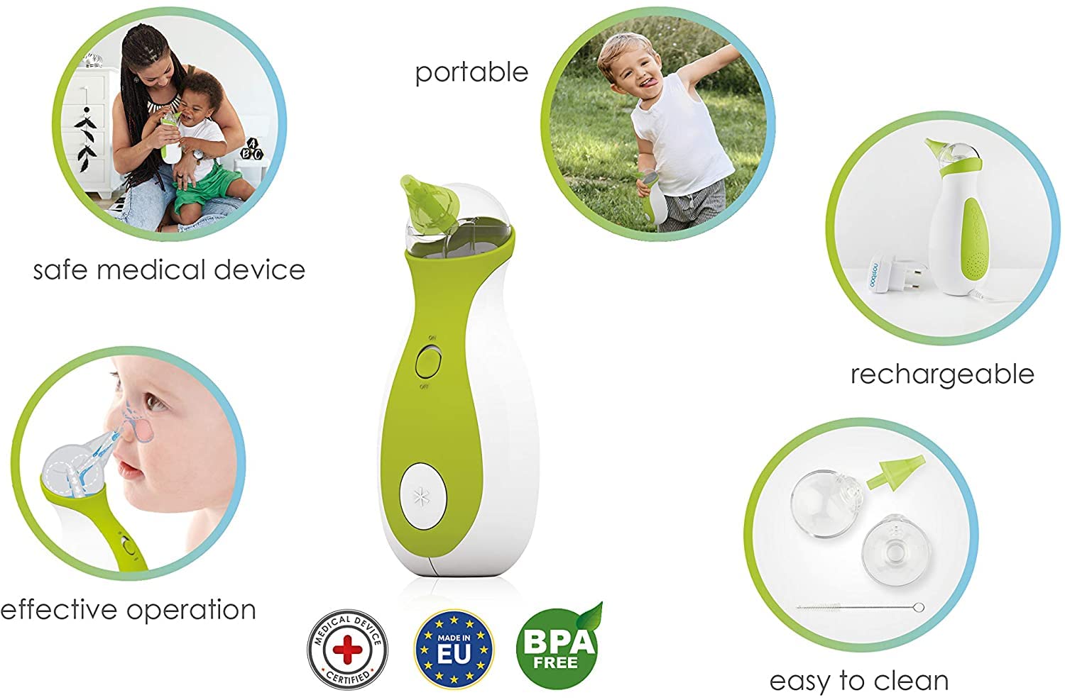 Nosiboo Go Nasal Aspirator for Babies | Electric Nose Sucker | Made in EU | Portable, Battery-Operated | Premium Quality | UPT Powered Suction