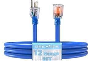 GREATIDE Indoor Extension Cord with Lighted End, 12 Gauge Heavy Duty Extension Cord 3 FT, 3 Prong Grounded 15 Amp Extension C