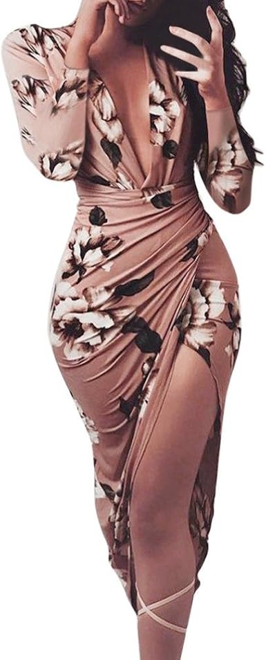 floral deep v long sleeve ruched bodycon dress