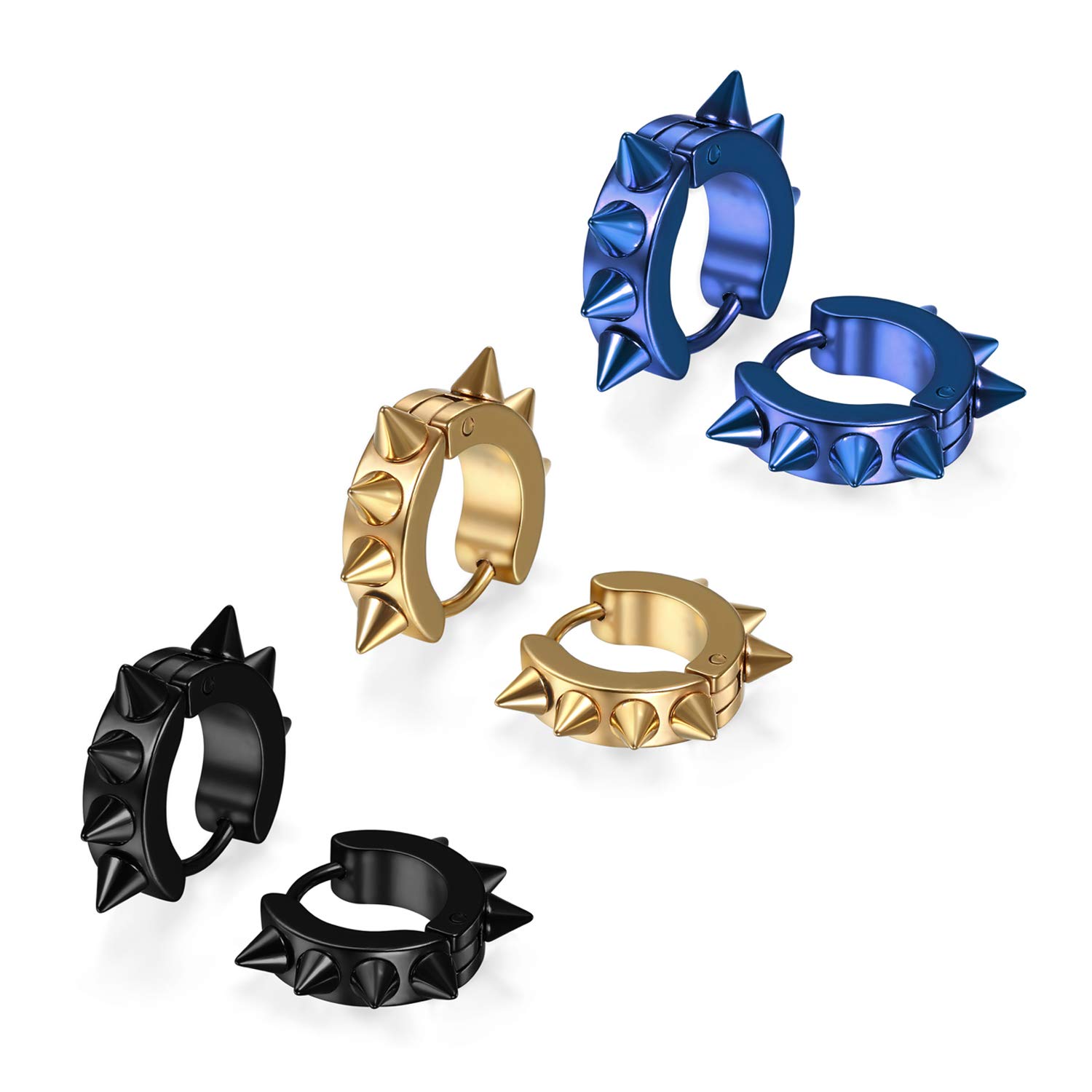 JewelryWe 3 Pairs of Spikes Studded Surgical Stainless Steel Punk Spiky Round Huggie Hoop Earrings Set for Men Women, 6pcs