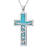 Reaii Natural Turquoise Jesus Cross Pendant Necklace for Women 925 Sterling Silver 1.2mm Cable Chain and Pendant with Genuine Turquoise Jewelry Gifts for Her