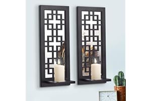 Wall Candle Sconces with Mirror Set of 2, Decorative Wooden Candle Holder, Rustic Candle Sconce, Black Living Room Wall Decor