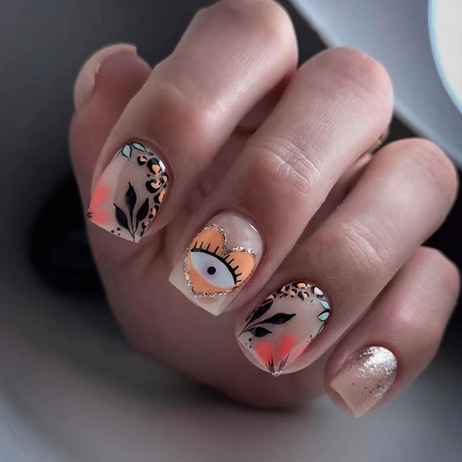 Ceboic Short False Nails Square, 24Pcs French Tips Glitter Gradient Press on Nails, Glossy Fake Nails with Black Leaves Designs, Reusable Acrylic Full Cover Stick on Nails for Women Girls Nails Art